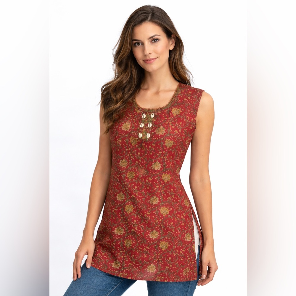 Boho Ethnic Floral Tunic Top w Shell Detail Red Gold Sleeveless Global Style